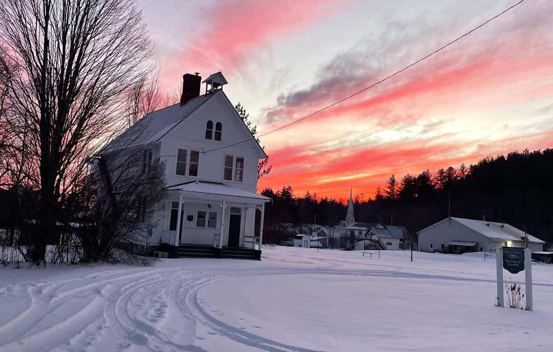 The two room schoolhouse he attended, at sunset